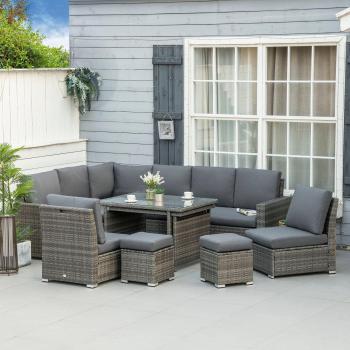 Outsunny 10-Seater Rattan Sofa Sectional Set with Cushions and Glass Table