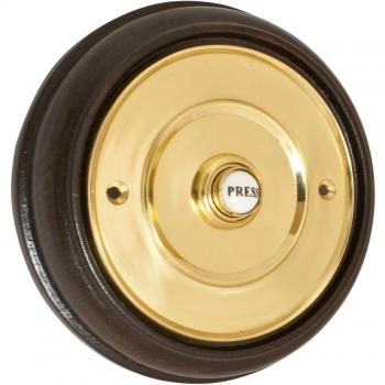 China-Press Bell Push in Polished Brass (100 mm Dia) on Hardwood Plinth