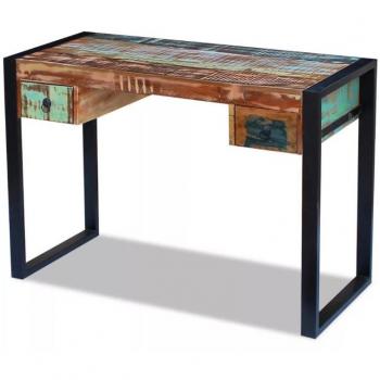 Bureau Moust‑Eco 110 cm – tiroirs double, porte en bois recyclé multicolore, cadre métallique noir