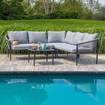Salon de Jardin Extérieur Gris – 5 places – canapé d’angle aluminium + corde tressée (ensemble complet 