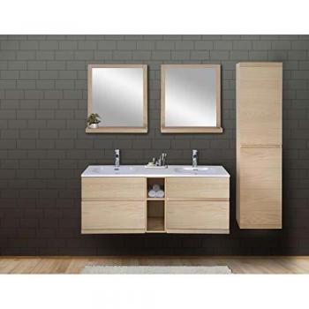 Estantería de baño con lavamanos de roble, superficie de resina ENIO 140 cm + espejo + columna tapizada