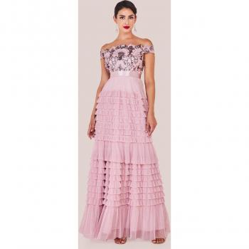 Scallop Bardot Ruffle Mesh Maxi