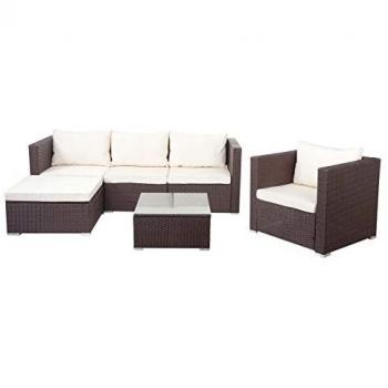 Poly-Rattan Lounge-Garnitur Brescia mit cremefarbenen Kissen
