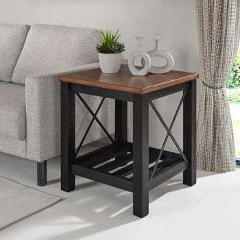 Black Wooden Cottage Lamp Table – Storage Shelf Included