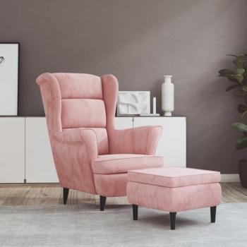Mobilier de séjour : fauteuil à oreilles avec tabouret velours rose
