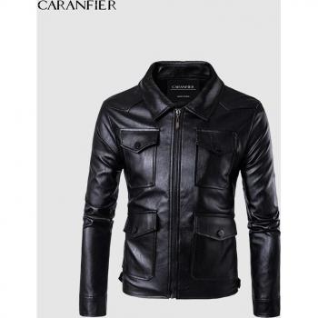 CARANFIER Slim Fit Leather Motorcycle Coat