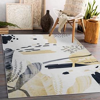 Tapis Lavable André 1097 – Design Abstraction Antidérapant (Couleurs Blanches et Jaunes) (120x170 cm)