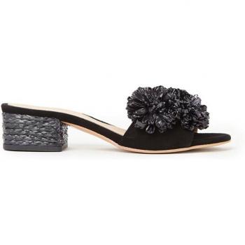 Mules in pelle nera con tacco e fiore