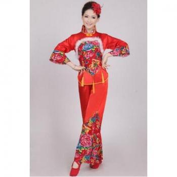 Chinese Folk Dance Red Fan Drum Attire