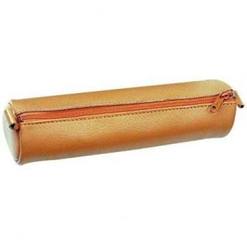 Trousse de cosmétiques en cuir véritable ronde avec fermeture éclair de 21 x 6 cm