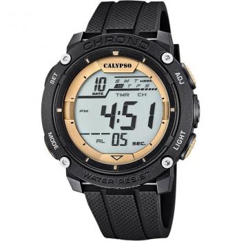 Montre Sportive Numérique Calypso K5820/4 Homme, Bracelet Caoutchouc Noir et Boîtier Or