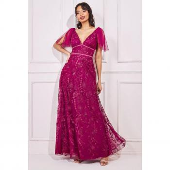 Magenta Goddiva Lace Maxi Dress with Embroidered Sleeves
