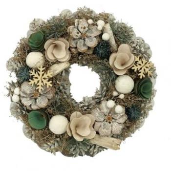 Coroncina Decorativa con Pigne e Fiori Bianco Verde Ø30 cm h7,5 cm