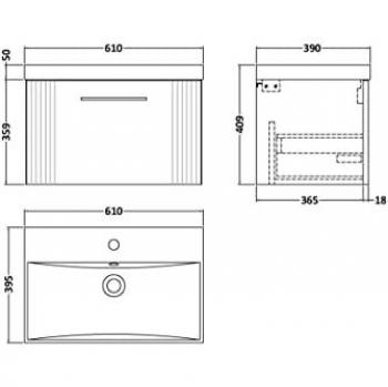 Satin Blue 600mm Wall Hung Modern Vanity Unit with Single Drawer and Thin-Edge Basin