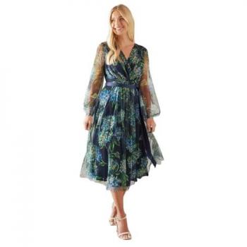 Wallis Women's Petite Floral Mesh Midi Dress – Navy, Size 8