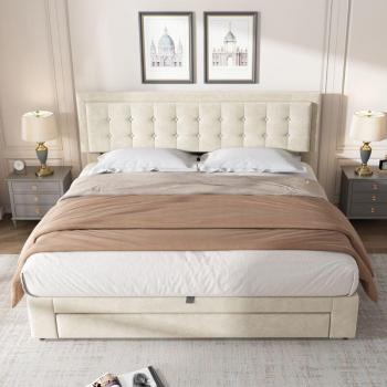Lit coffre adulte 180 × 200 cm, lit capitonné avec 2 tiroirs et sommier à lattes en bois, velours beige, sans matelas
