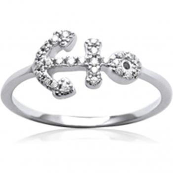 Rhodium Silver Ring with Marine Anchor Design