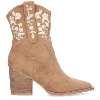 Botines Mujer Tacón Medio Bordado Flores Camel A-3008