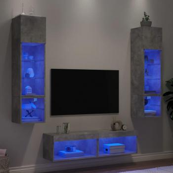 Mueble TV pared con iluminación LED 6 pzas gris hormigón