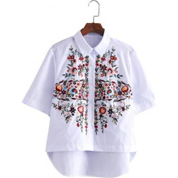 Blusa informal de manga corta con bordado floral dulce de algodón blanco vintage para mujer DT841