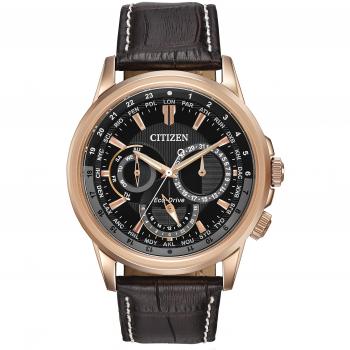 Citizen Men's Calendrier Watch in Rose Gold Plate with Black Dial, Date/Day Display, and Brown Leather Band (BU2023-04E)