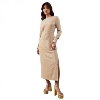 Taupe Jersey Jacquard Slash Neck Scoop Back Midi Dress
