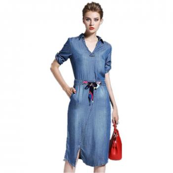 Seven-Sleeve Blue Tencel Rodeo Dress