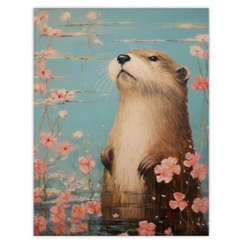 Waterborne Otter with Pink Hibiscus Art