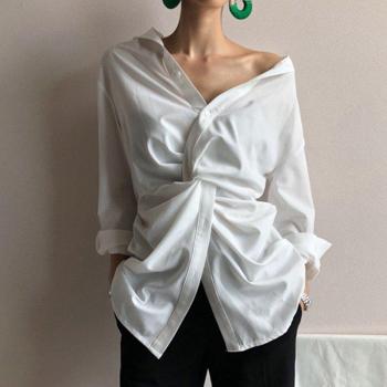 Women's Casual Spring Blouse in White with V-Neck