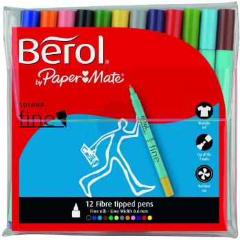 12 Pack Berol Fine Line Colour Pens, Assorted Colours, 0.6mm, School Art Drawing