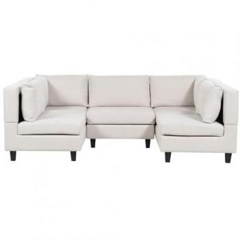Divano Modulare 5 Posti Beige Chiaro in Tessuto con Schienale Imbottito a U e Pouf