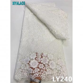 African Sequins Lace Fabric 5 Yards MilkSilk with French Embroidery KSLY240