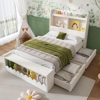 Letto 90x200 per adulti/ragazzi con cassetti e panca contenitore bianco