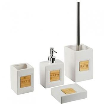 Set di 4 Accessori Bagno in Ceramica beige e legno chiaro dispenser sapone portasapone Bicchiere Portaspazzolino