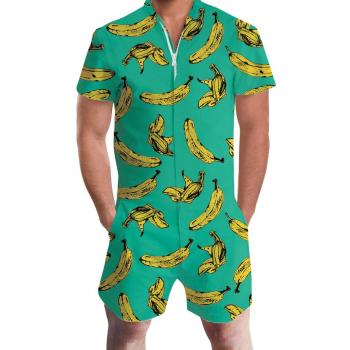 Adicreat Herren Sommer-Strampler – kurzer Overall, grüner Farbton, Hawaii-Schädel-Banane