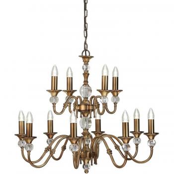 12-Light Antique Brass Chandelier with Crystal Accents