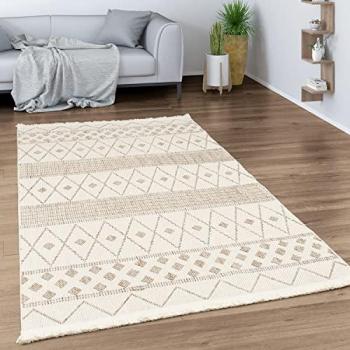 Alfombra Geométrica de Habitacion 80x150 cm, Estilo Boho, Crema