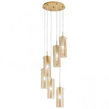 Lampadario Sospeso Magic in Metallo Oro con Sei Diffusori in Vetro Ambra