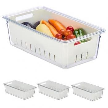 Transparent/White Fridge Storage Bins Set of 4, Stackable Draining Baskets with Lid, 10 x 32 x 17.5 cm
