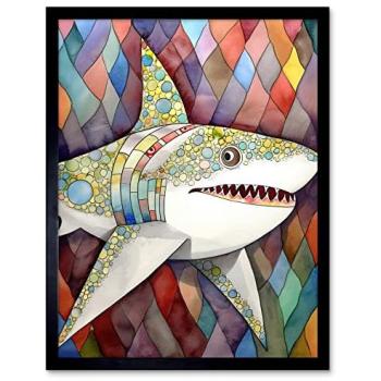 Artery8 White Shark Folk Art Watercolor – 12x16 Black-Framed Canvas