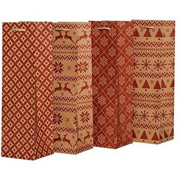 Flaschentasche Weihnachten aus Kraftpapier, Natur/Rot, 12 Stück