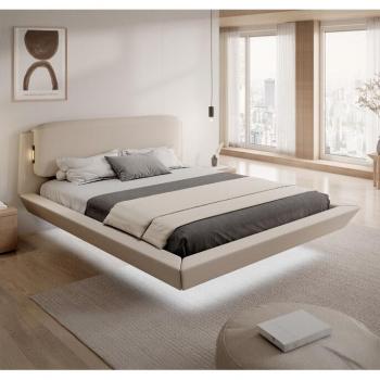 Lit Double Design Léger Diana 180x200 cm – Sommeil Suspendu, Sommier à Lattes, Tête de Lit en Bois Lin Beige & Lumière LED