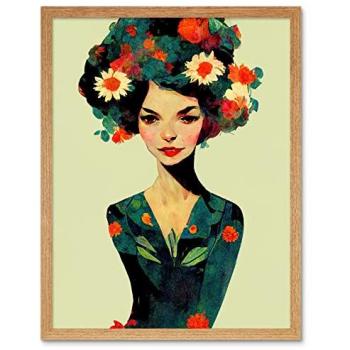 Elegant Vintage Flora – Woman’s Portrait with Teal Accent – Framed Artwork (12″ × 16″)