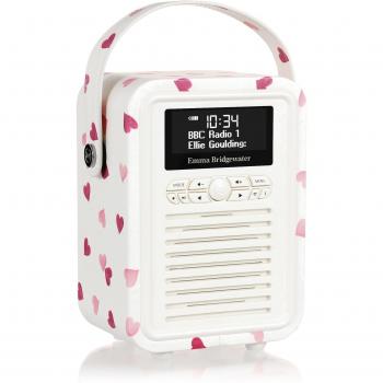 VQ Mini Retro Digital Radio (Portable DAB+ & FM) – Bluetooth, Aux, USB, Alarm Clock – Emma Bridgewater Pink Heart Design
