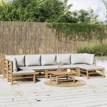 Set de muebles exteriores 8 piezas bambú y cojines gris claro
