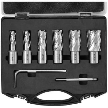 VEVOR Magnetic Annular Cutter Pack – 6pcs Weldon Bits – 1 Depth, ½–1⅛ Diameter – Pilot Pin Included, Portable Case