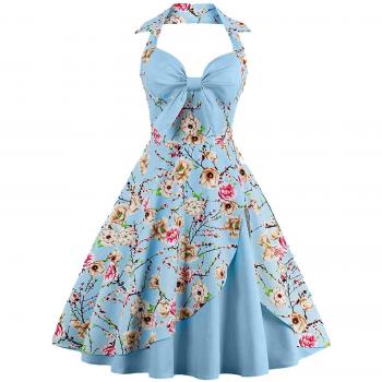 Damen Vintage Swing Rockabilly Halfter Ballkleid V-Ausschnitt Bowknot Ärmellos Floral Plissee Tee Kleid