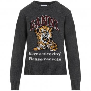 Pull Ganni en laine gris avec motif tigre pour femme, taille L