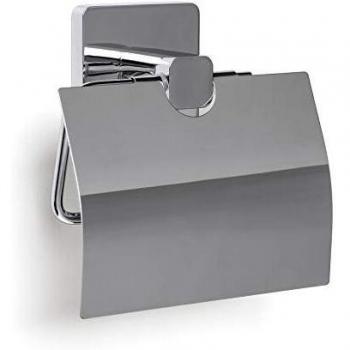 Porte-rouleau papier toilette Kalo avec couvercle en zamak chromé, fixation adhésive 3M, dimensions 12,5 x 5 x 12,5 cm
