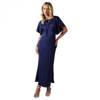 Elegant Navy Cape Sleeve Satin Bridesmaid Midi Dress – Petite Fit